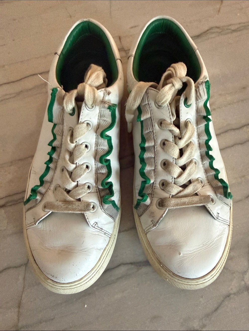 Tory Burch Tory Sport White Leather Sneakers with Green Ruffle Trim